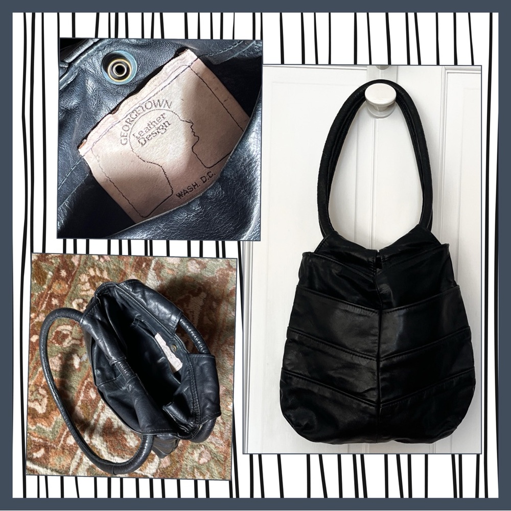 Georgetown Leather Design Chevron Boho Bucket Bag Rounded Handles Black Leather